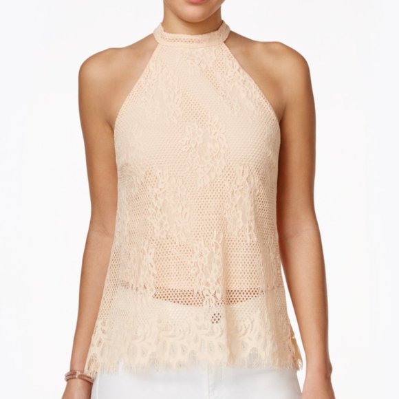 Material Girl Tops - Peachy Lace Halter Top